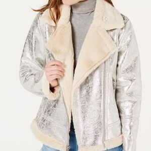 Tommy Hilfiger Silver Metallic Faux Shearling Moto Jacket
